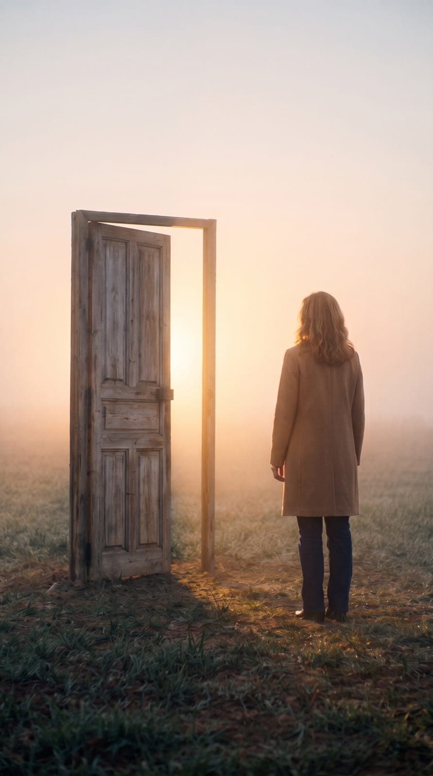 Una mujer, de espaldas, mira una puerta abierta en un campo con niebla al amanecer